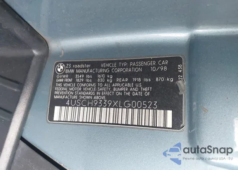 1999 BMW Z3 2.3 из США, поврежденный, VIN 4USCH9339XLG00523